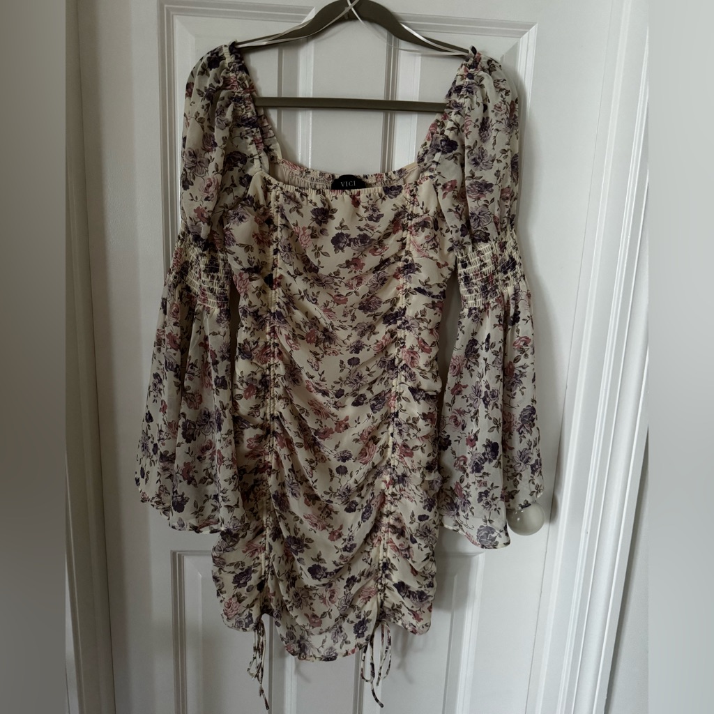Vici Brown And Cream Bodycon Dress With Bishop Sleeves